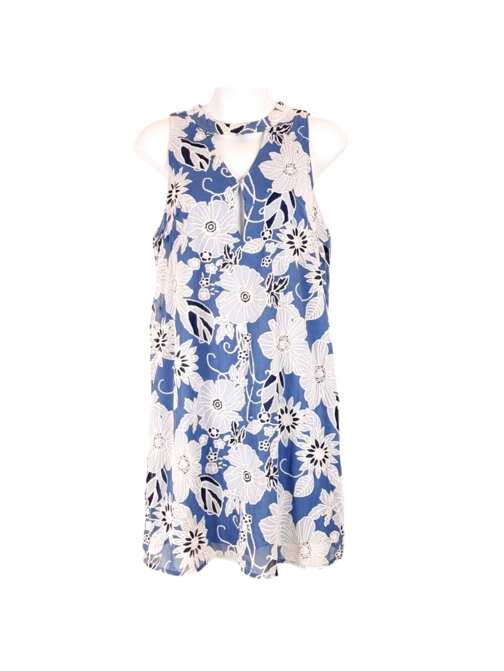Dee Elly Floral Shift Dress Sleeveless Embroidered Cut-Out Blue White Womens S